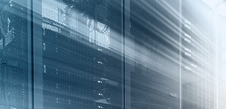 Abstract view of data center cabinets that are loaded with networking equipment